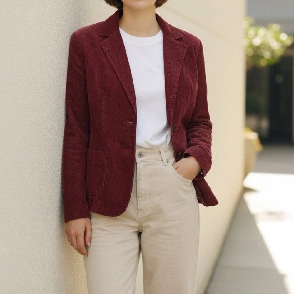 VTG Y2K Womens Sz Large Corduroy Burgundy Button Up Retro Casual Blazer Jacket